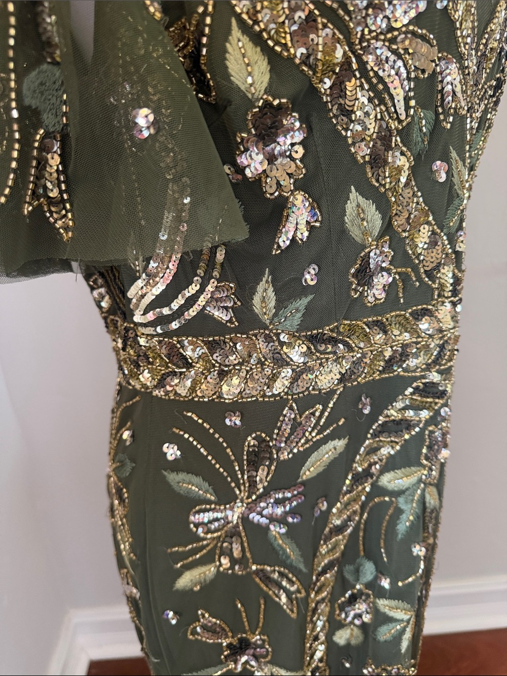 Adrianna Papell Olive Green Maxi Gown with Gold Beading - sold out - Picture 10 of 16